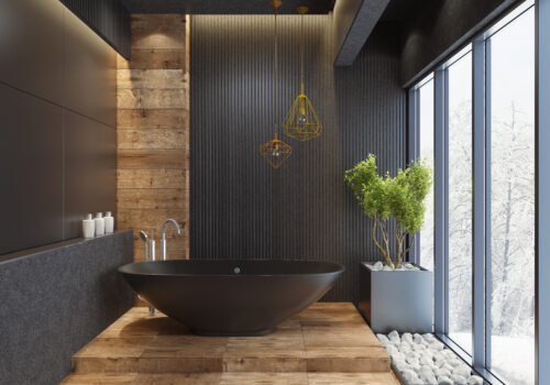 salle de bain rénovée baignoire noir décor bois vs plomberie 35 chateaubourg